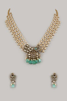 Gold Finish Moissanite & Pearl Beaded Long Necklace Set