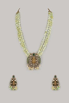 Gold Finish Moissanite & Green Beaded Long Necklace Set