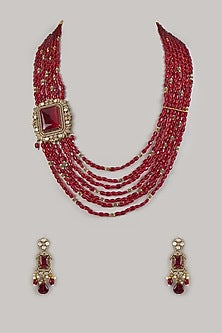 Gold Finish Moissanite & Red Beaded Long Layered Necklace Set