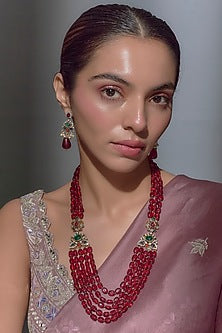 Gold Finish Moissanite & Red Beaded Long Layered Necklace Set
