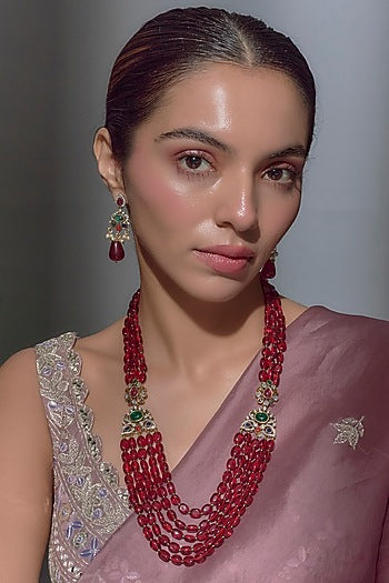 Gold Finish Moissanite & Red Beaded Long Layered Necklace Set