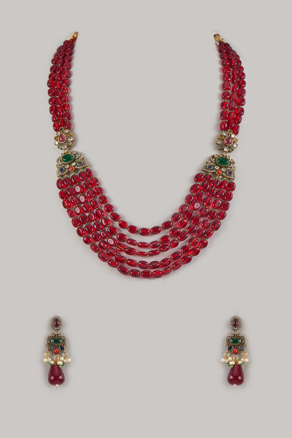 Gold Finish Moissanite & Red Beaded Long Layered Necklace Set