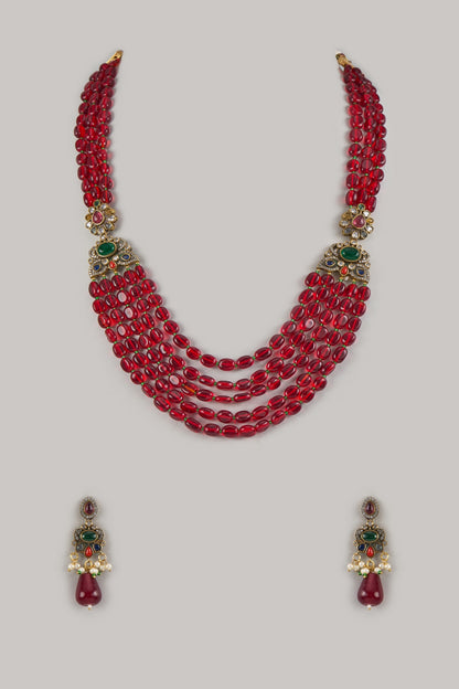 Gold Finish Moissanite & Red Beaded Long Layered Necklace Set