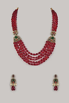 Gold Finish Moissanite & Red Beaded Long Layered Necklace Set