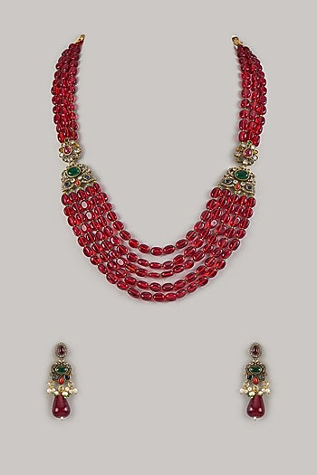 Gold Finish Moissanite & Red Beaded Long Layered Necklace Set