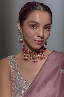 Gold Finish Ruby & Moissanite Choker Necklace Set