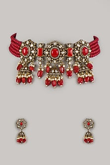 Gold Finish Ruby & Moissanite Choker Necklace Set