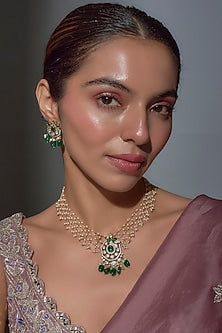 Gold Finish Emerald & Pearl Beaded Long Necklace Set