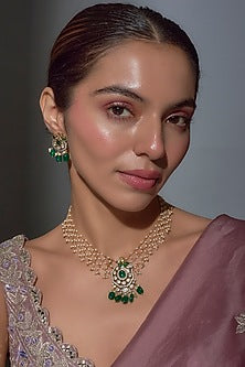 Gold Finish Emerald & Pearl Beaded Long Necklace Set