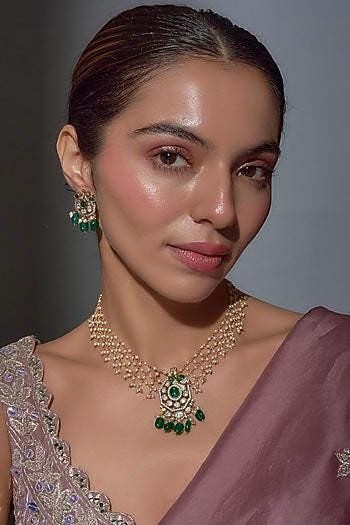 Gold Finish Emerald & Pearl Beaded Long Necklace Set