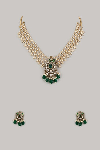 Gold Finish Emerald & Pearl Beaded Long Necklace Set