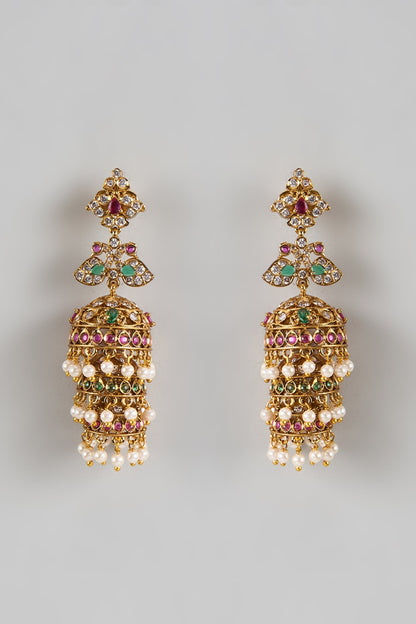 Gold Finish Ruby & Emerald Dangler Earrings