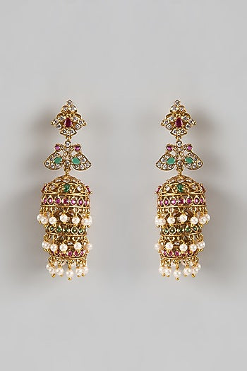 Gold Finish Ruby & Emerald Dangler Earrings