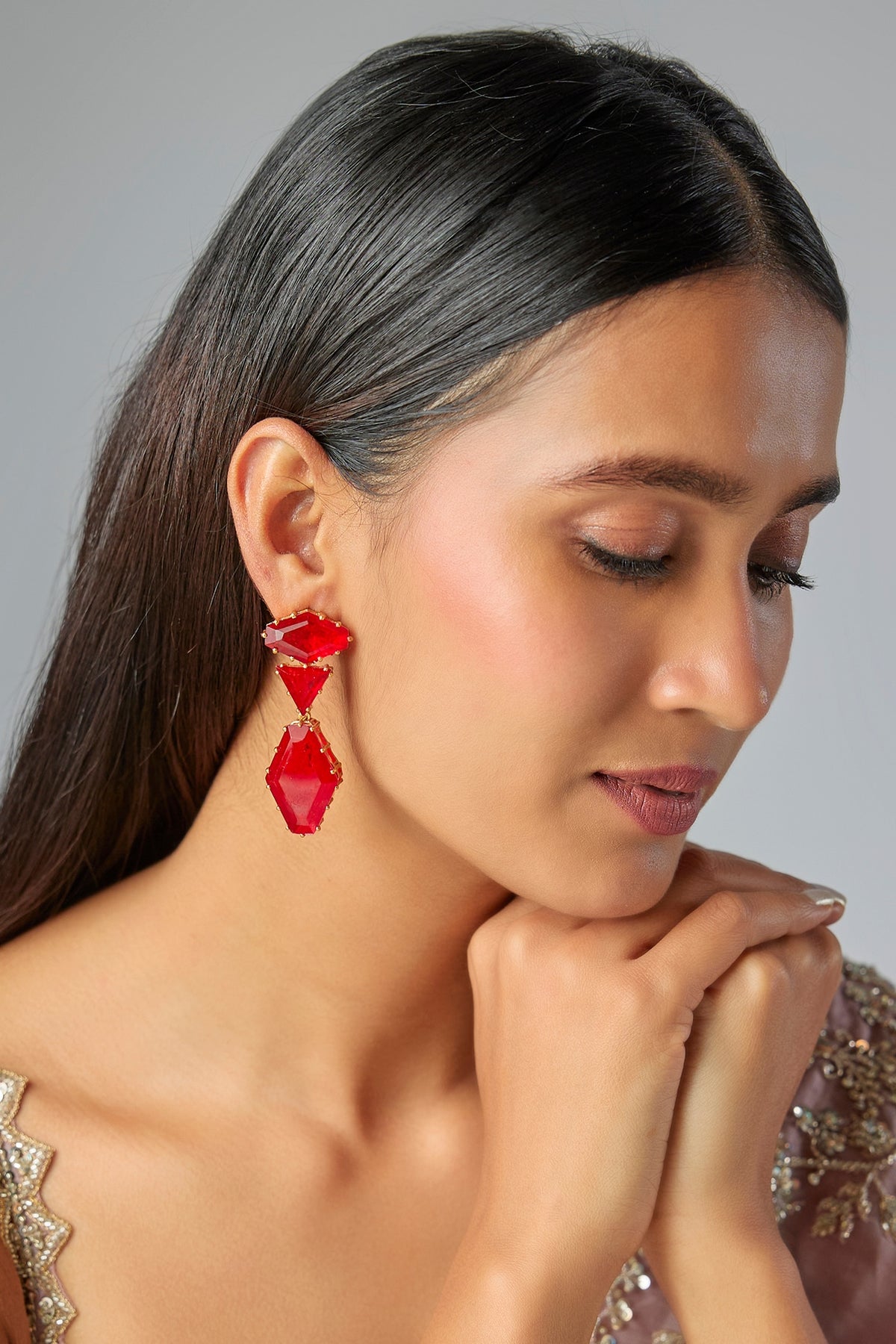 Gold Finish Ruby Stone Dangler Earrings