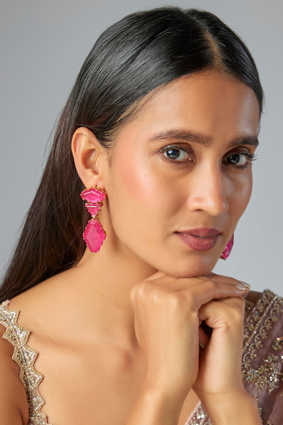 Gold Finish Pink Stone Dangler Earrings