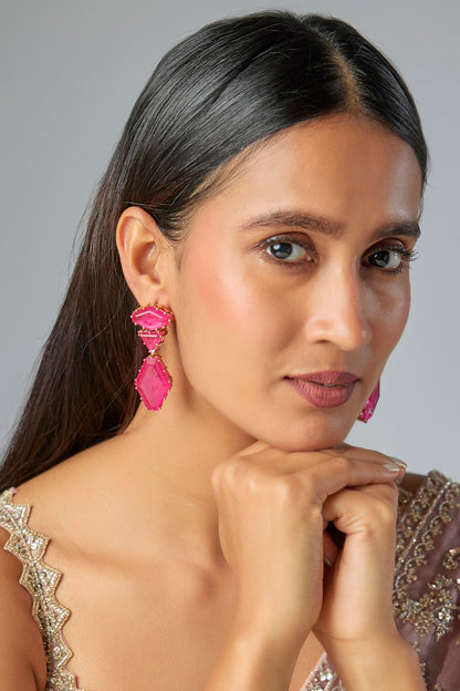 Gold Finish Pink Stone Dangler Earrings