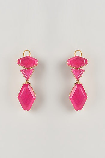 Gold Finish Pink Stone Dangler Earrings