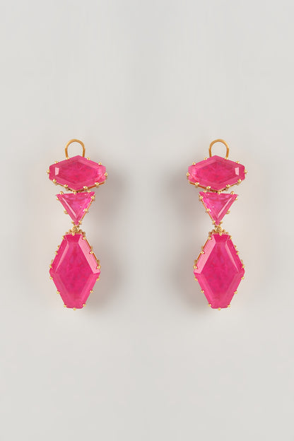Gold Finish Pink Stone Dangler Earrings