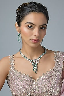 Silver Finish Emerald & Zircon Long Necklace Set