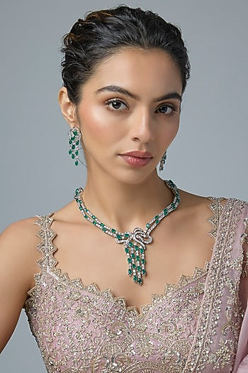 Silver Finish Emerald & Zircon Long Necklace Set