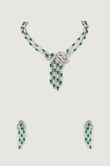 Silver Finish Emerald & Zircon Long Necklace Set