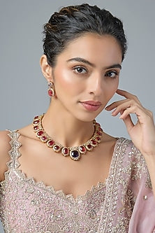 Gold Finish Amethyst & Ruby Choker Necklace Set