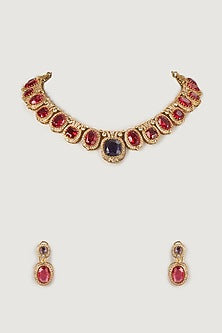 Gold Finish Amethyst & Ruby Choker Necklace Set