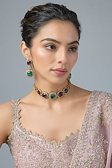 Gold Finish Amethyst & Emerald Choker Necklace Set
