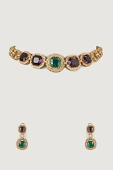 Gold Finish Amethyst & Emerald Choker Necklace Set