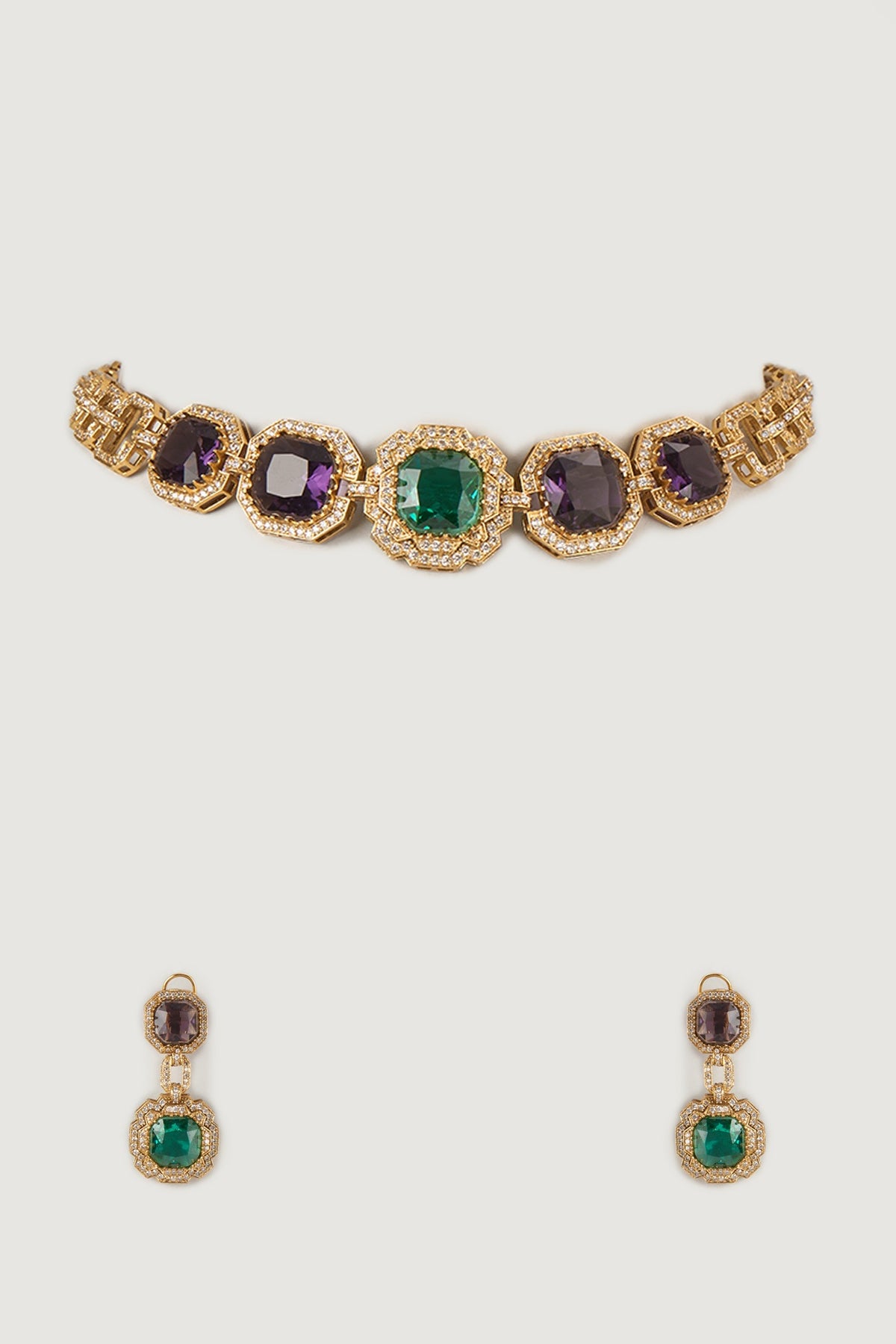 Gold Finish Amethyst & Emerald Choker Necklace Set