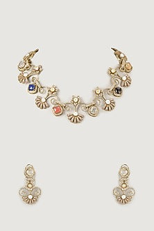 Gold Finish Multi-Colored Stone & Emerald Choker Necklace Set