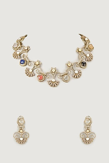 Gold Finish Multi-Colored Stone & Emerald Choker Necklace Set