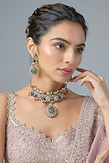 Gold Finish Multi-Colored Stone & Emerald Choker Necklace Set