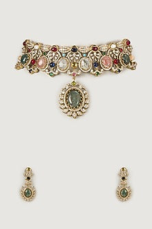 Gold Finish Multi-Colored Stone & Emerald Choker Necklace Set