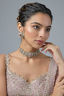 Gold Finish Multi-Colored Stone & Emerald Choker Necklace Set