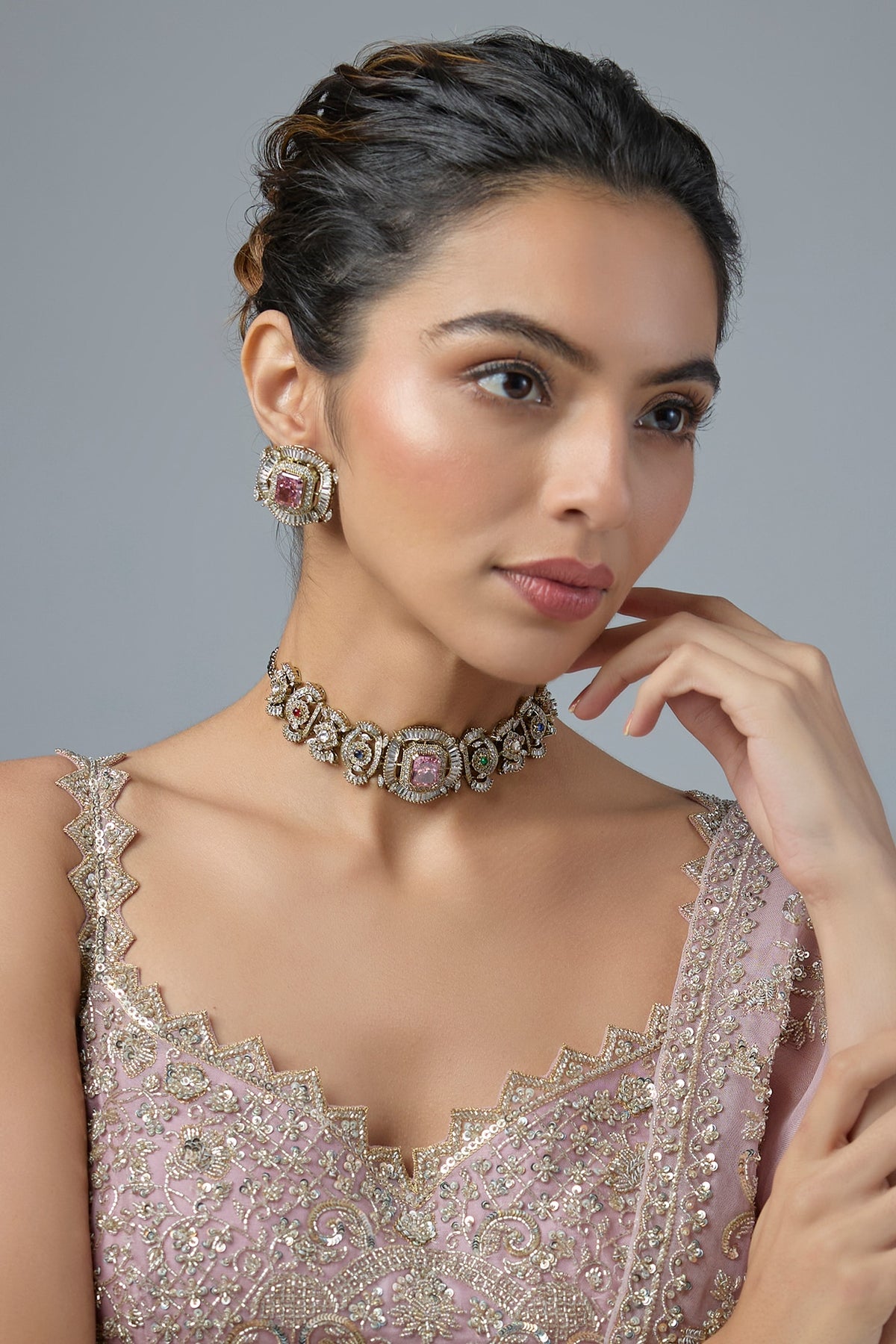 Gold Finish Multi-Colored Stone & Emerald Choker Necklace Set