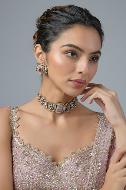Gold Finish Multi-Colored Stone & Emerald Choker Necklace Set