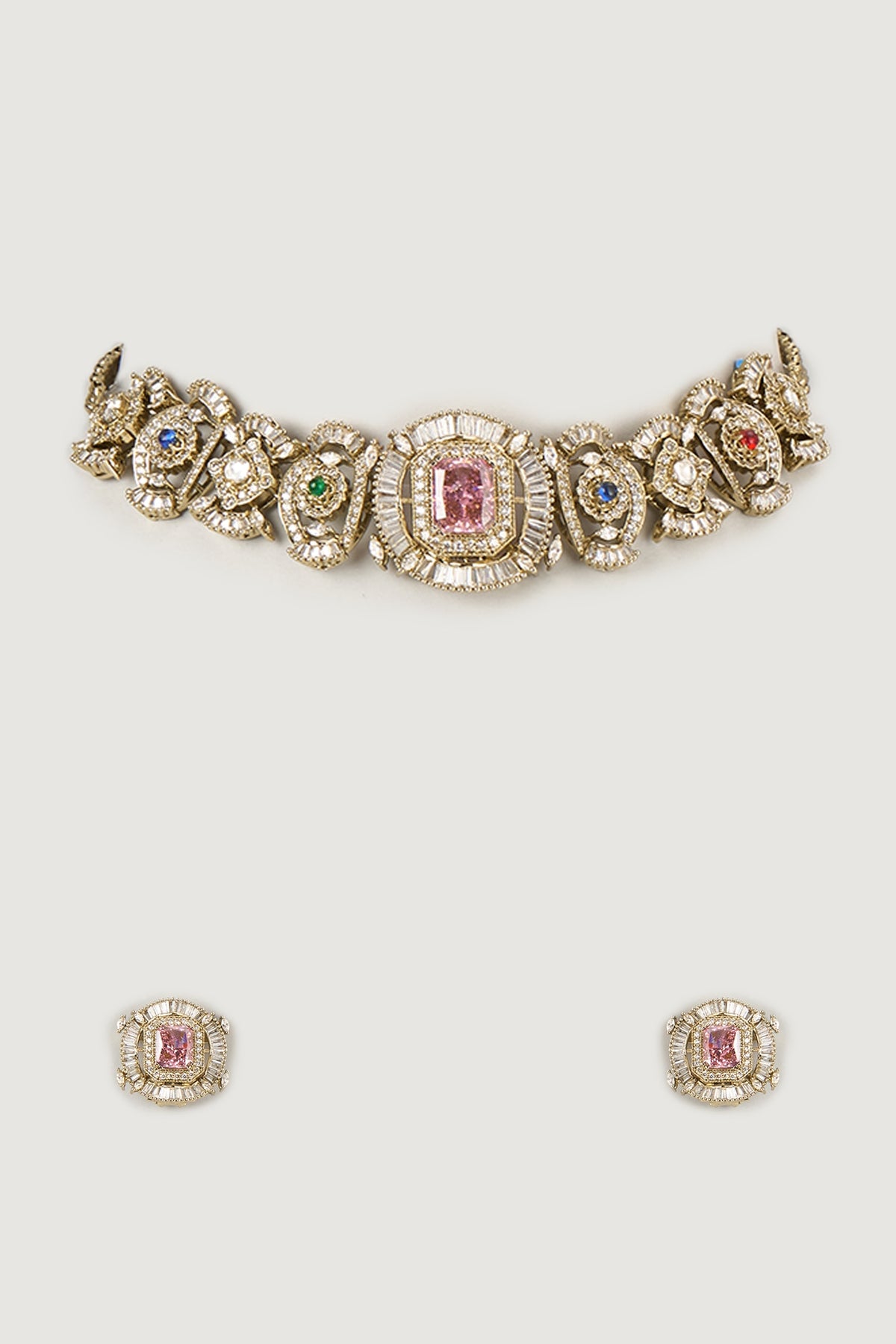 Gold Finish Multi-Colored Stone & Emerald Choker Necklace Set