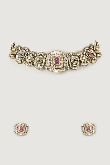 Gold Finish Multi-Colored Stone & Emerald Choker Necklace Set
