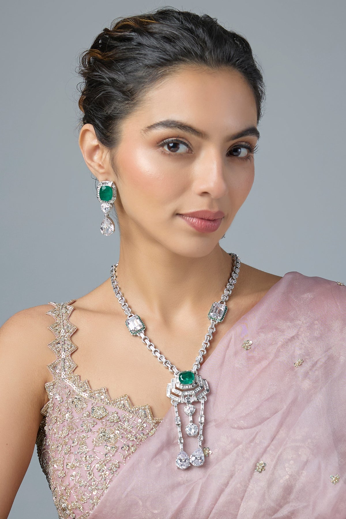 Silver Finish Emerald & Zircon Long Necklace Set