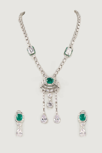 Silver Finish Emerald & Zircon Long Necklace Set