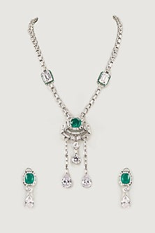 Silver Finish Emerald & Zircon Long Necklace Set