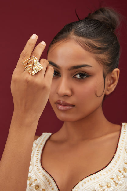 Gold Finish Two Sided Triangle Shaped Ring
