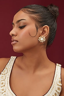 Gold Finish Zircon & Pearl Floral Stud Earrings