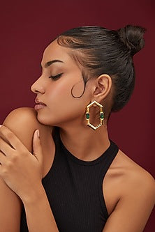 Gold Finish Emerald Stone Hexagon Dangler Earrings