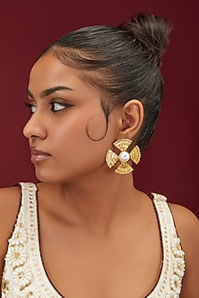 Gold Finish Pearl Triangle Stud Earrings