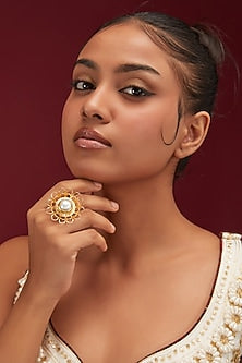 Gold Finish Pearl Floral Ring