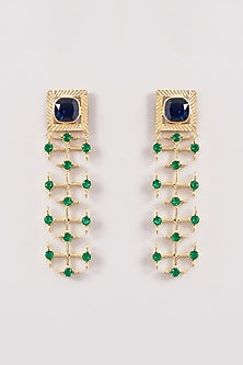 Gold Finish Emerald Stone Square Dangler Earrings