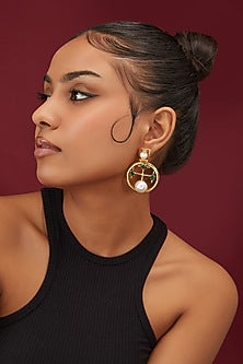 Gold Finish Emerald & Pearl Cross Design Stud Earrings