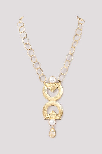 Gold Finish Pearl Interconnected Long Necklace